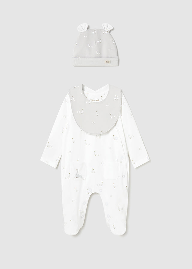 Mayoral Unisex Grey & White "Little Duck" Babygrow, Hat & Bib Set- 1728
