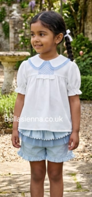 Basmarti Girls White Smocked Blouse & Blue Tulle Frill Shorts - 26175