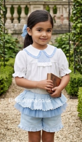 Basmarti Girls White Smocked Blouse & Blue Tulle Frill Shorts - 26175