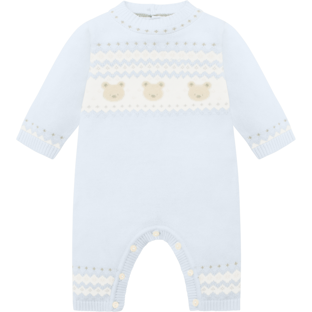 Emile et Rose Baby Blue Teddy Bear Knitted Baby Romper With Matching Hat - Kristian
