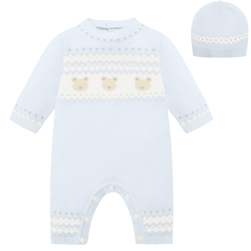 Emile et Rose Baby Blue Teddy Bear Knitted Baby Romper With Matching Hat - Kristian
