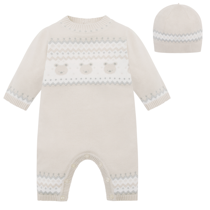 Emile et Rose Beige Teddy Bear Knitted Baby Romper With Matching Hat - Kristian
