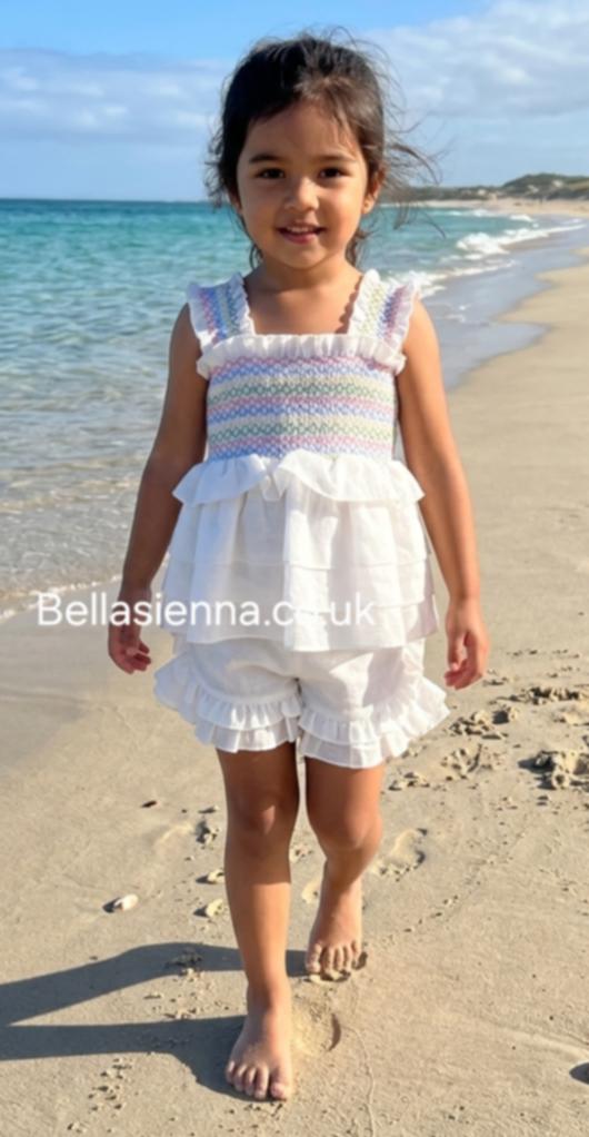 Basmarti Girls Multicoloured Smocked Layered Top & Frilly Shorts Set - 26341