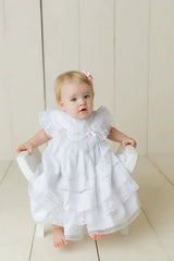Will'beth Beautiful White & Pink Heirloom Style Dress, Pants & Bonnet Set -16817