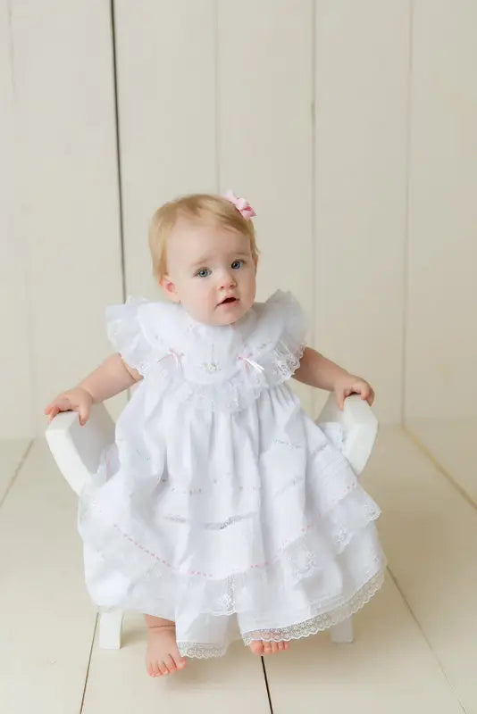 Will'beth Beautiful White & Pink Heirloom Style Dress, Pants & Bonnet Set -16817