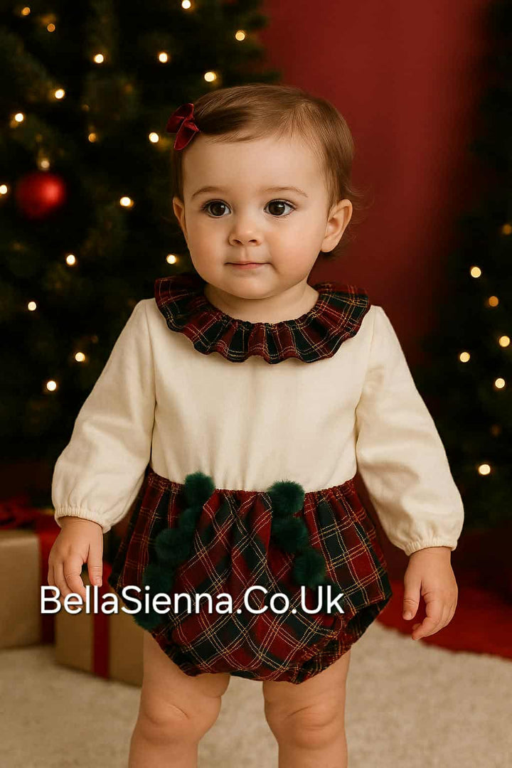Calamaro Baby Girls Red & Green Tartan Pom Pom Jam Pants Set - 11245