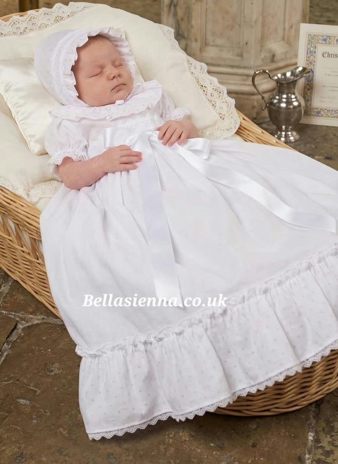 White With Pink Swiss Dot Trim Baby Girls Day Gown With Matching Bonnet - 288