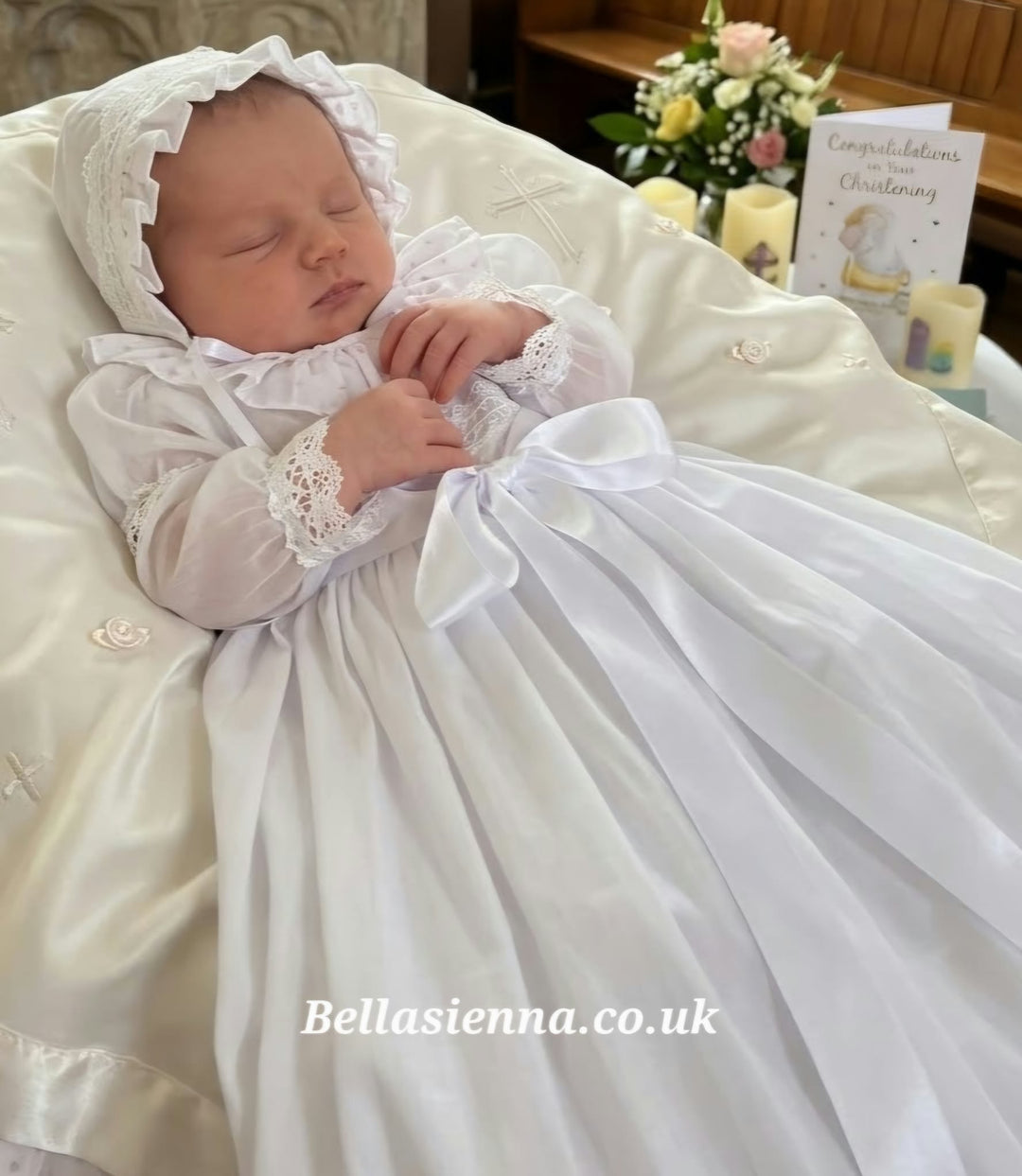 White With Pink Swiss Dot Trim Baby Girls Day Gown With Matching Bonnet - 288