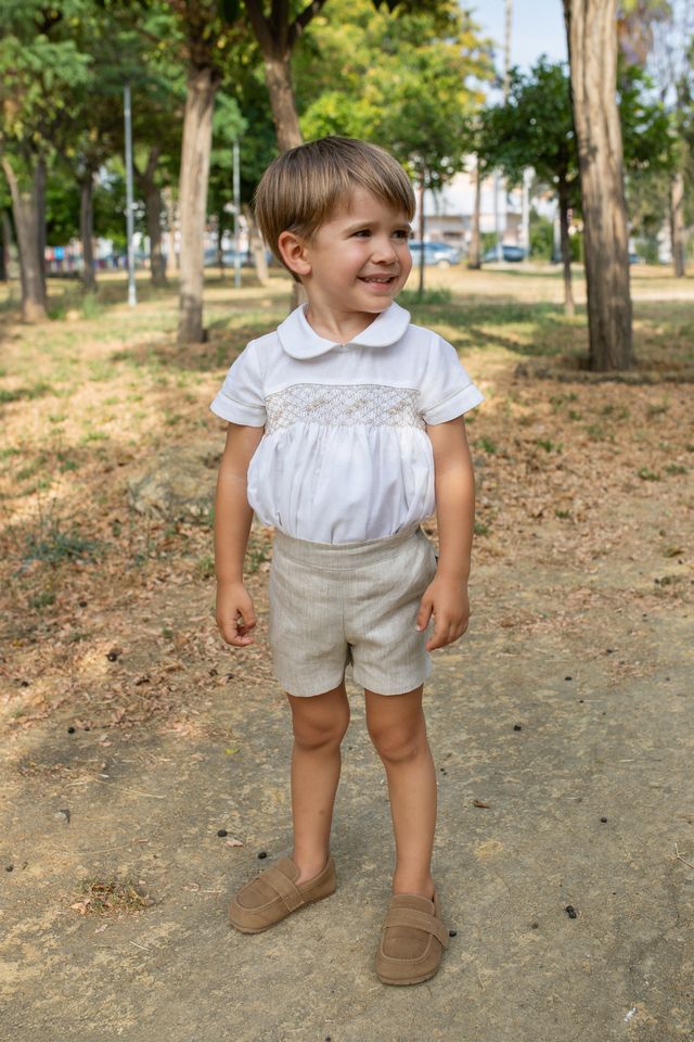 Naxos Boys Beige Smocked Two Piece Buster Suit Set - 7709