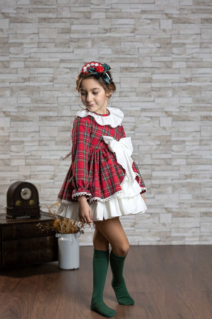 Abuela Tata Red & Green Tartan Dress With Beautiful Bow Back - 2599349