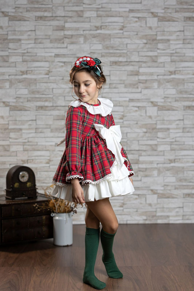 Abuela Tata Red & Green Tartan Dress With Beautiful Bow Back - 2599349