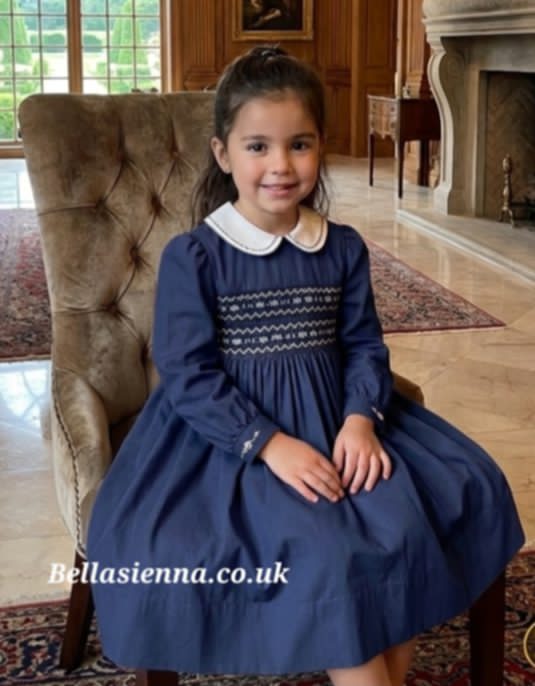 Sarah Louise Girls Navy, Beige & Brown Hand Smocked Winter Dress - 013985