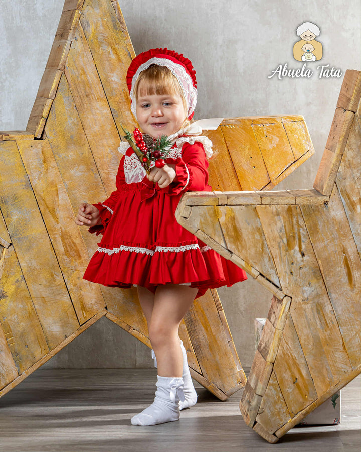 Abuela Tata Red & Cream Dress, Pants & Bonnet Set - 1299397