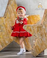 Abuela Tata Red & Cream Dress, Pants & Bonnet Set - 1299397
