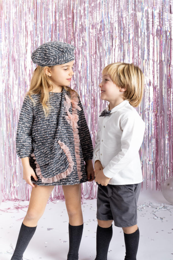 Calamaro Girls Charcoal Grey & Dusky Pink Tweed Dress With Tulle Bows - 21319