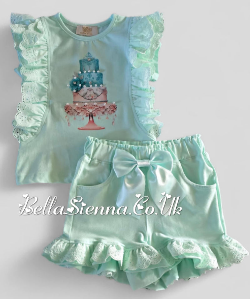 Mint Green "Cake" Anglaise & Bow Frilly Shorts Set - 3628