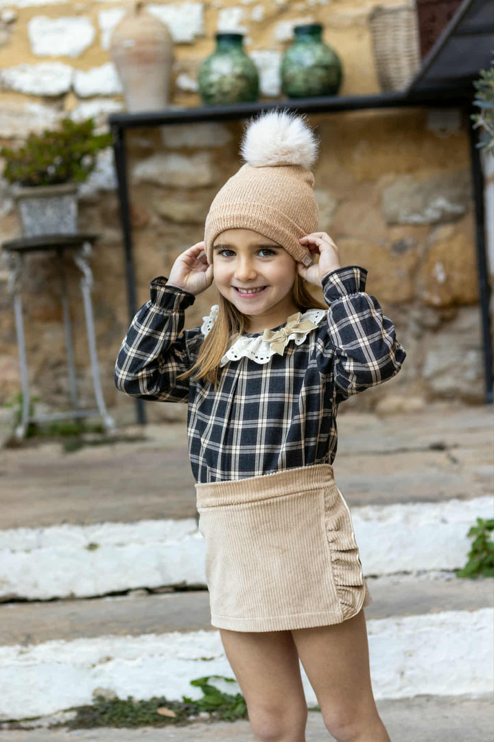 Calamaro Girls Beige Corduroy Skort & Blouse Set - 11237