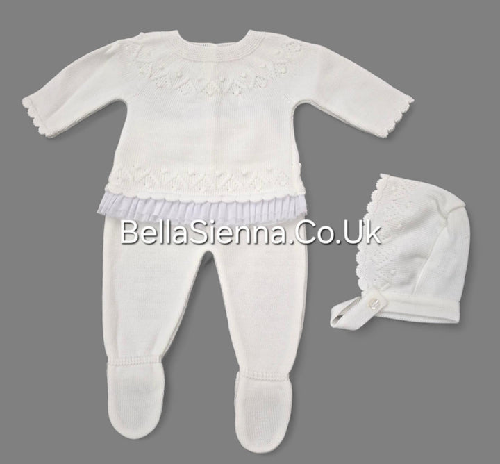 Girls Ivory Three Piece Knitted Set & Bonnet - C3014