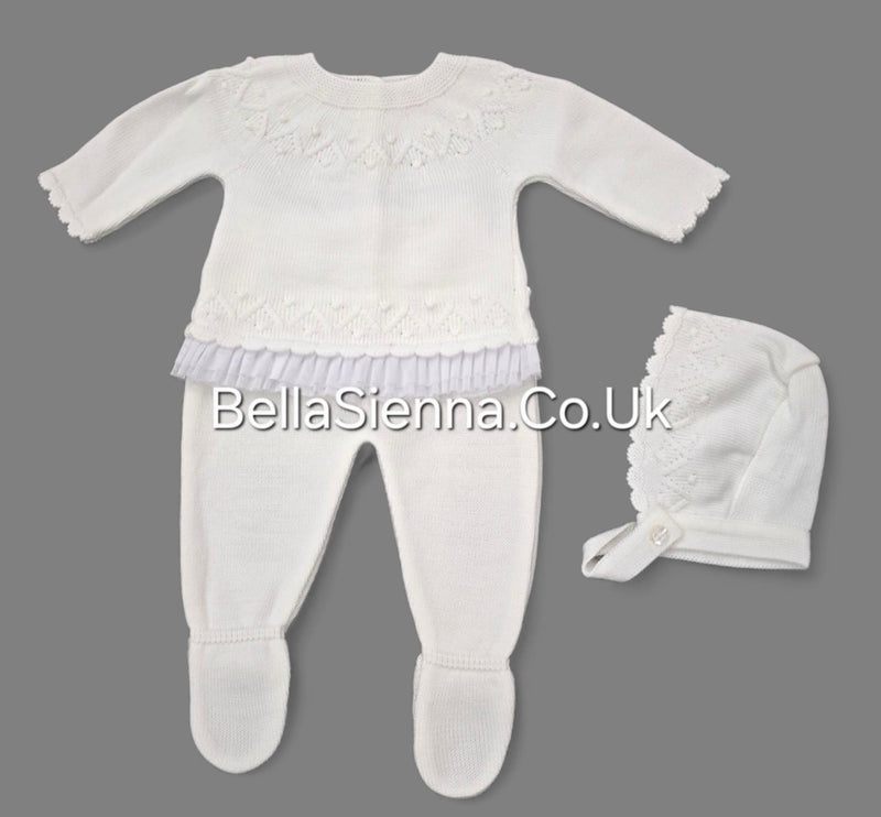Girls Ivory Three Piece Knitted Set & Bonnet - C3014