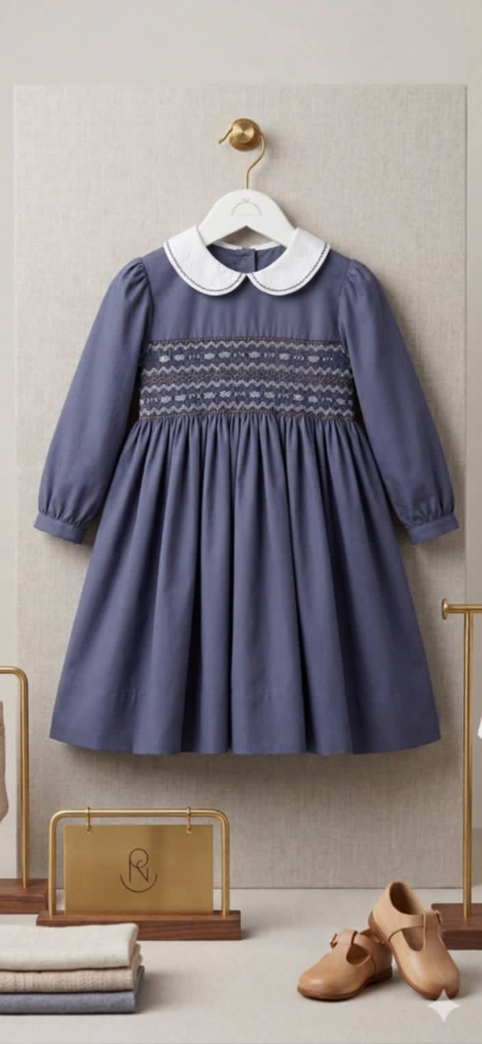 Sarah Louise Girls Navy, Beige & Brown Hand Smocked Winter Dress - 013985