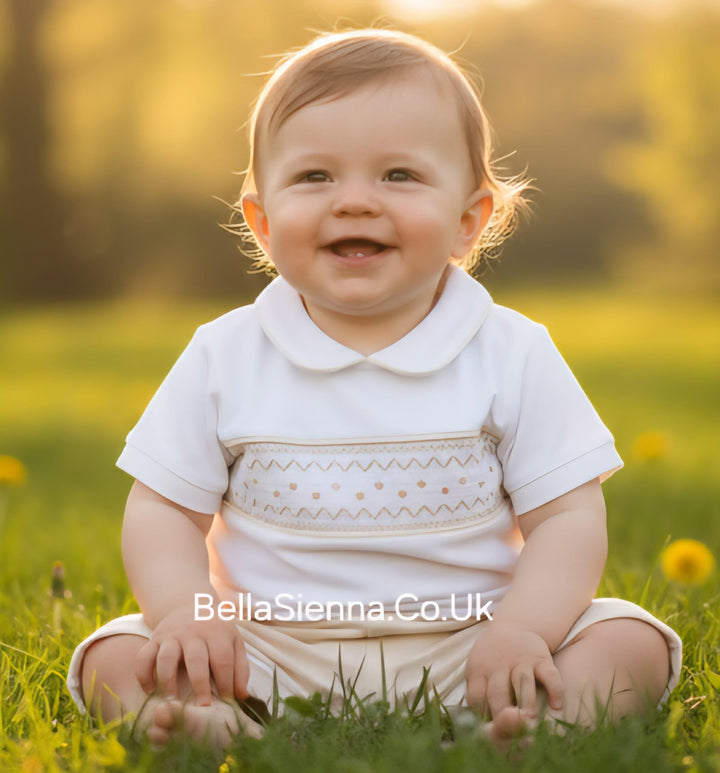 Beige & White Cotton, Smocked Boys Shorts Set - 301