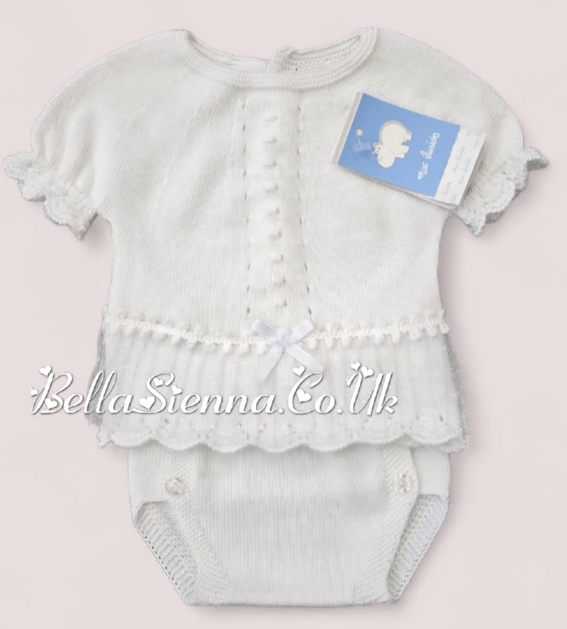 Mac Ilusion White Two Piece Baby Girl White Fine Knitted Outfit with lace 7226X