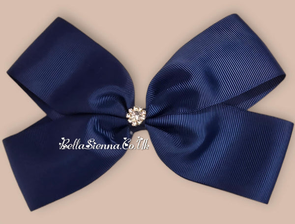 Bowtique London 6 Inch Navy Blue Grosgrain Large Hair Bow With Diamanté Centre