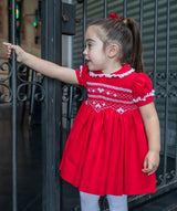 Naxos Red & White Hand Smocked Dress With Bow On The Back - 7624
