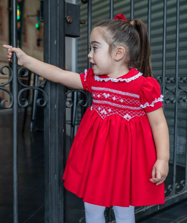 Naxos Red & White Hand Smocked Dress With Bow On The Back - 7624