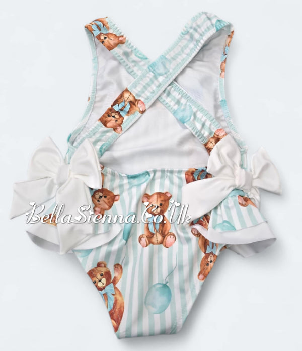 Baby Girls Mint Green "Teddy Bear" Swimsuit With Bows - Swimming Costume