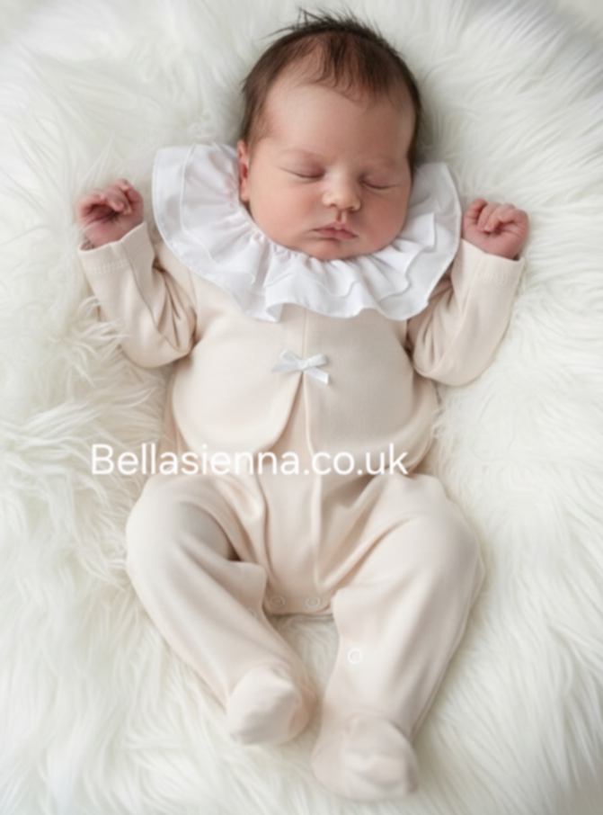 Girls Peachy Pink & White 100% Cotton All In One Babygrow - Sleepsuit With Frilly Collar & Bow - SG183