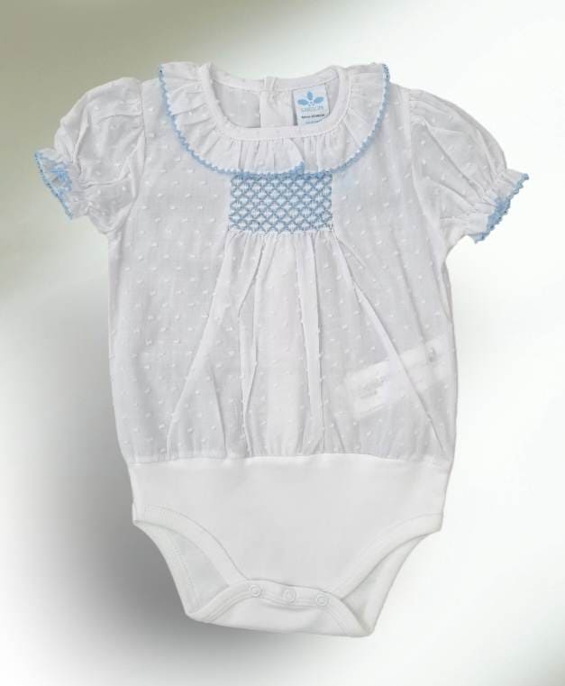 Sardon Smocked Frilly Collar Bodysuit with Blue Trim Unisex
