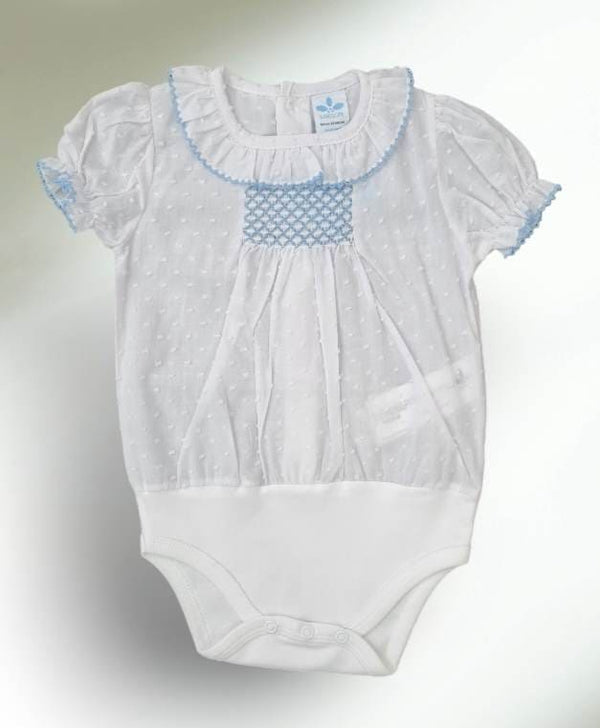 Sardon Smocked Frilly Collar Bodysuit with Blue Trim Unisex