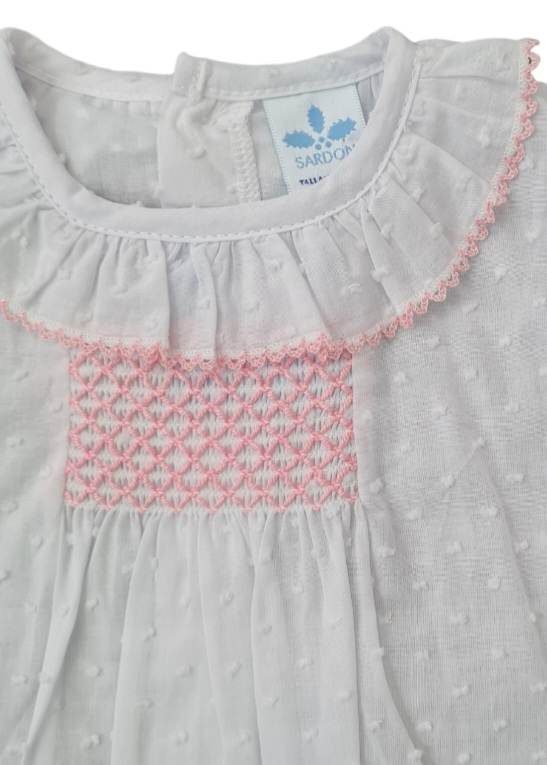 Sardon Smocked Frilly Collar Bodysuit with Pink Trim
