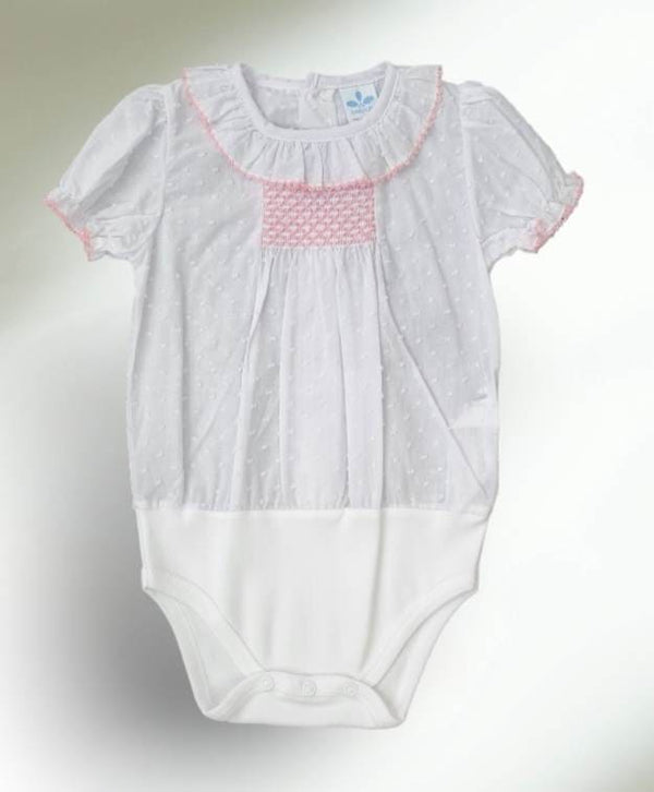 Sardon Smocked Frilly Collar Bodysuit with Pink Trim