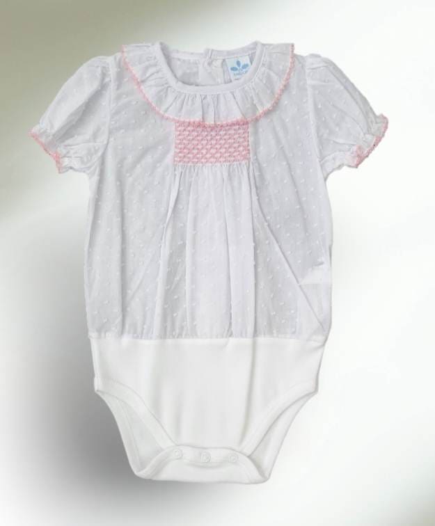 Sardon Smocked Frilly Collar Bodysuit with Pink Trim