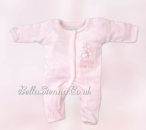 Premature Baby Girls Pink Velour Babygrow With Embroidery