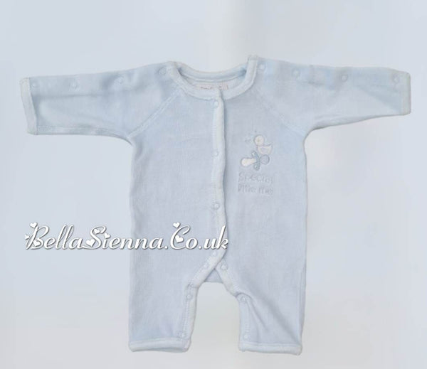 Premature Baby Boys Blue Velour Babygrow With Embroidery