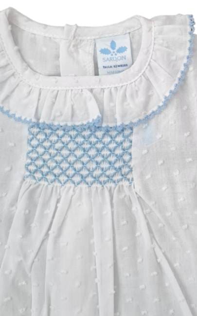 Sardon Smocked Frilly Collar Bodysuit with Blue Trim Unisex