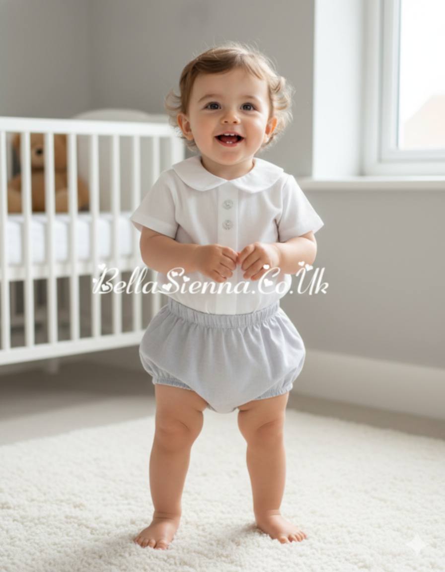 Calamaro Baby Peter Pan Shirt & Jam Pants Set - White & Grey