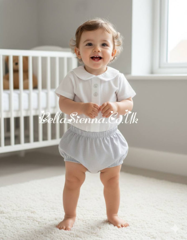 Calamaro Baby Peter Pan Shirt & Jam Pants Set - White & Grey