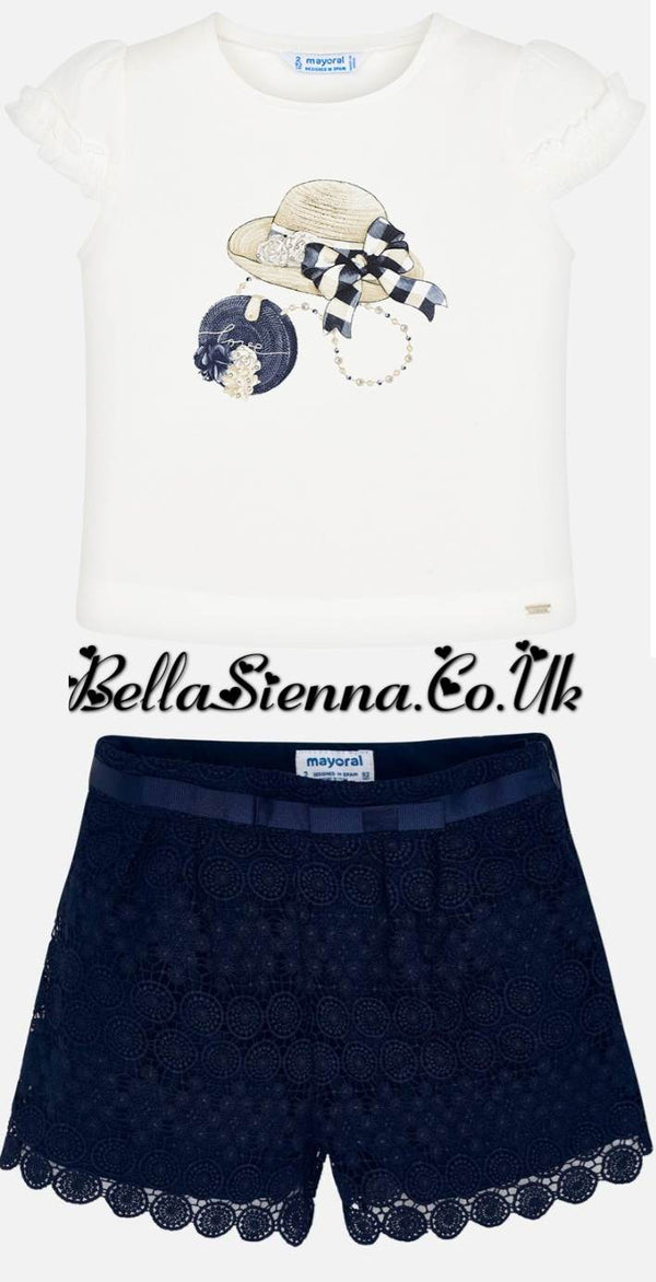 Mayoral Ivory And Navy Blue Lace Short Set 3727
