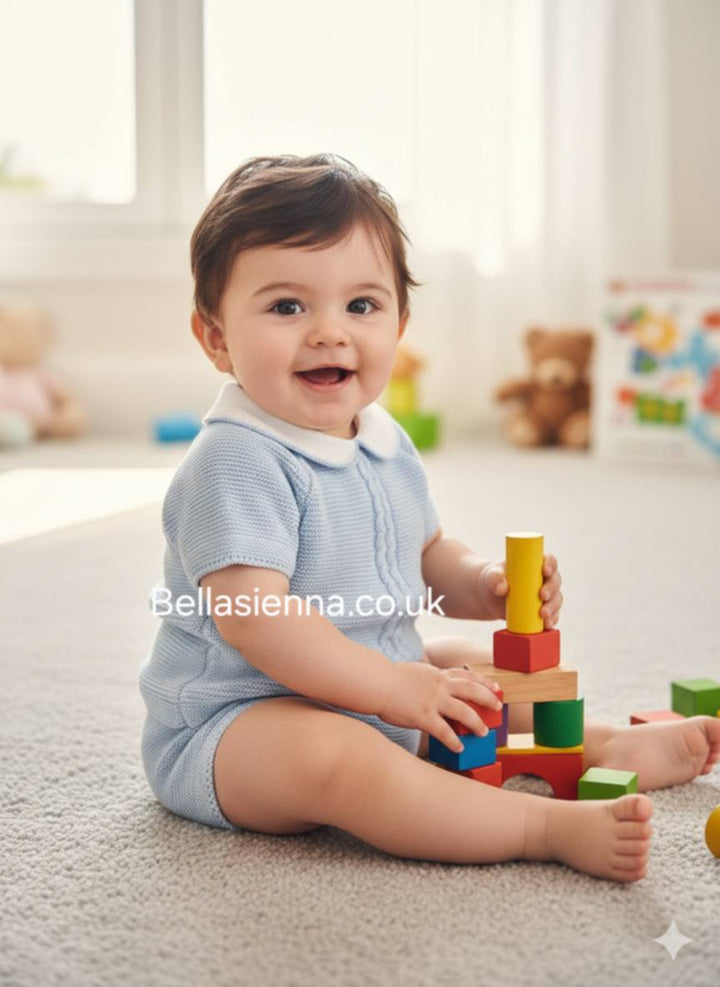 Boys Blue & White Knitted Two Piece Shorts Set - 3571