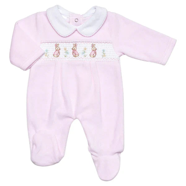 Pink Velour Smocked Babygrow With Embroidered Rabbits - 40JTC9386