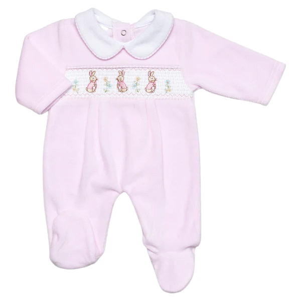 Pink Velour Smocked Babygrow With Embroidered Rabbits - 40JTC9386