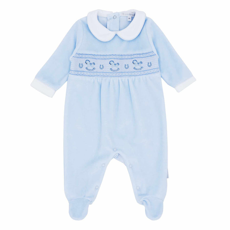 Blues Baby Blue Velour Rocking Horse Smocked And Embroidered Babygrow - BB1102