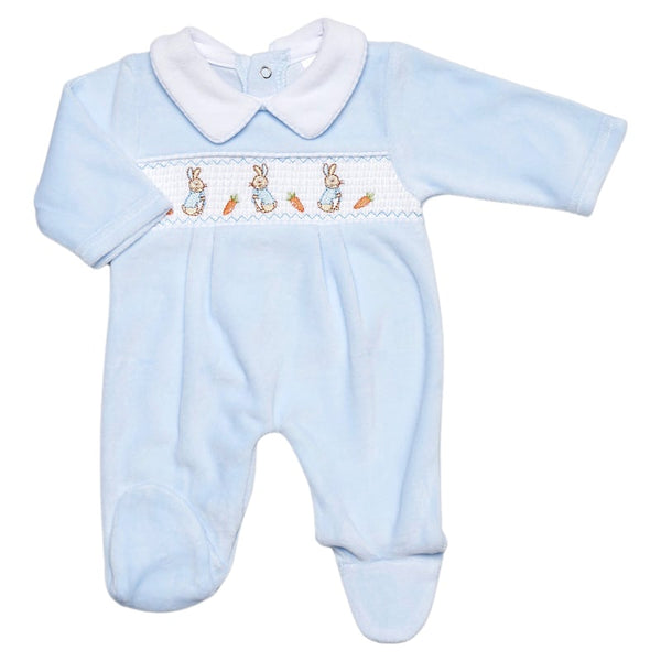 Blue Velour Smocked Babygrow With Embroidered Rabbits - 40JTC9386