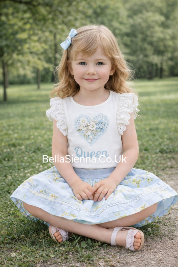 Blue & White "Queen" Heart Design With Sparkle & Pearl Deatil Skirt & Top Set - 3603