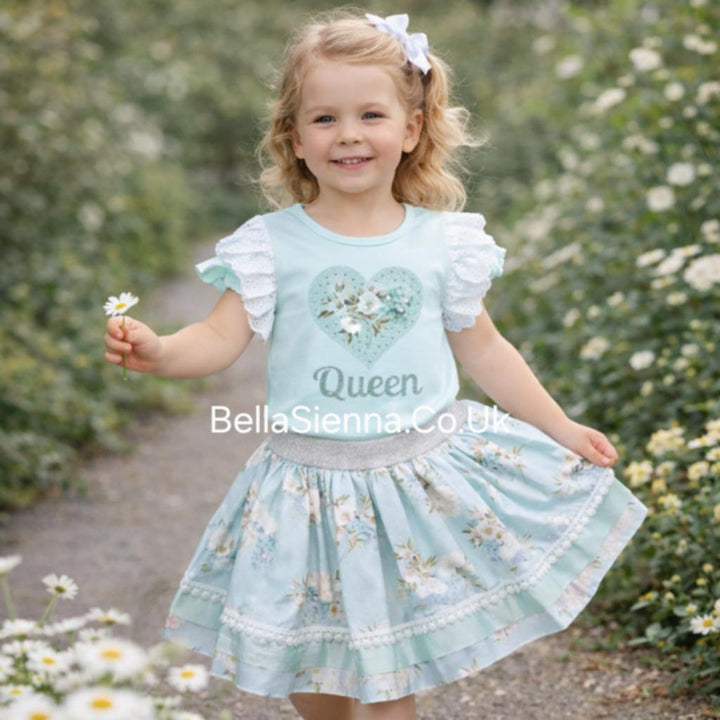 Pastel Green "Queen" Heart Design With Sparkle & Pearl Deatil Skirt & Top Set - 3603