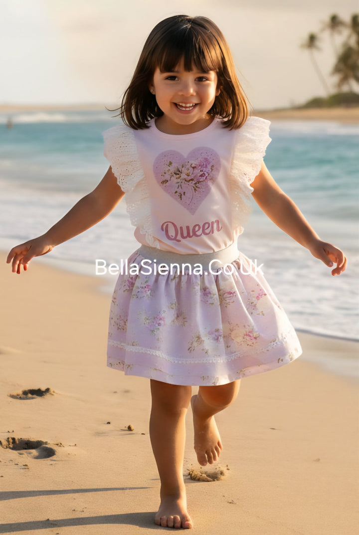 Lilac "Queen" Heart Design With Sparkle & Pearl Deatil Skirt & Top Set - 3603